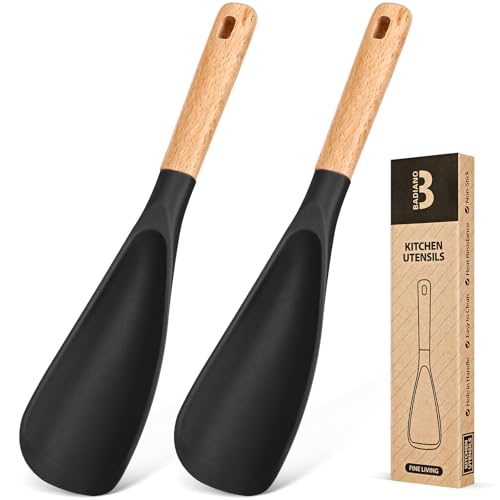 Cooking Spoon for Nonstick Cookwares, Great for Cooking and Serving Sturdy BPA-Free Matte Silicone, Wood Handle Spoon for Mixing, Scoop, and Scrape (2 Pack of Black, 11.4 inch) - color: Black - 2 Pack, size: 11.4 inch