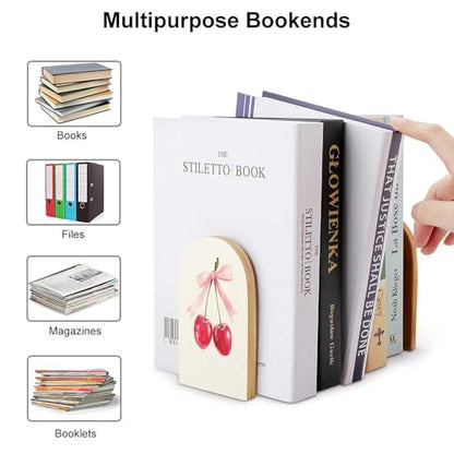 Two Red Cherries Tied with A Pink Ribbon Wooden Bookends Shelves 2 PCS Coquette Sturdy Book Holders Desktop Organizer for Home Office Libraries - color: Color-4