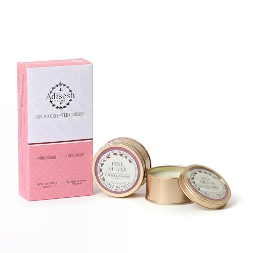 Soy Wax Scented Candles - Pink Sugar & Sea Grass (Set of 2) | Metal Tin Scented Candles for Home Decoration, Burn Time 14-15 Hrs Each, Luxury Fragrance Candles for Gifting - size: Set of 2