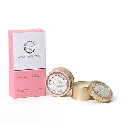 Soy Wax Scented Candles - Pink Sugar & Sea Grass (Set of 2) | Metal Tin Scented Candles for Home Decoration, Burn Time 14-15 Hrs Each, Luxury Fragrance Candles for Gifting - size: Set of 2