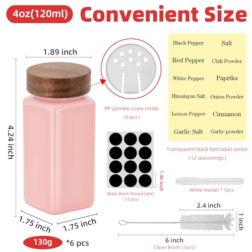 6Pcs 4 oz Square Glass Spice Jars with Label, Empty Spice Containers with Wooden Lids, Square Seasoning Containers and Supplement Set, Small Seasoning Bottles for Salt, Sugar, Pepper (Pink) - color: Pink