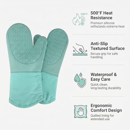 Silicone Oven Mitts 2-Pack, 13.5" Heat Resistant 500F, Non-Slip BPA-Free with Soft Cotton Lining, Kitchen Gloves for Baking, Cooking, BBQ & Grilling（Blue） - color: Green