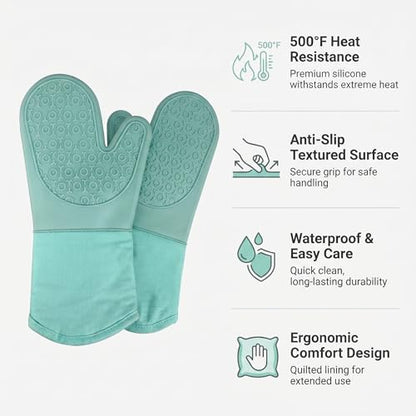 Silicone Oven Mitts 2-Pack, 13.5" Heat Resistant 500F, Non-Slip BPA-Free with Soft Cotton Lining, Kitchen Gloves for Baking, Cooking, BBQ & Grilling（Blue） - color: Green