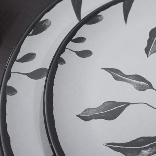 12pcs Dinnerware Set, Melamine Plates and Bowls Sets, Grey Leaves | Farmhouse Tableware Service for 4, Unbreakable Dinner Salad Dessert Plate, Cereal Bowl Set for Outdoor, Durable RV Dishes - color: Grey Leaves