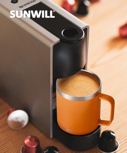SUNWILL Insulated Coffee Mug with Lid, Travel Tumbler with Handle, 14 oz Stainless Steel Cup for Camping, Office, Home, Powder Coated Orange - color: Powder Coated Orange