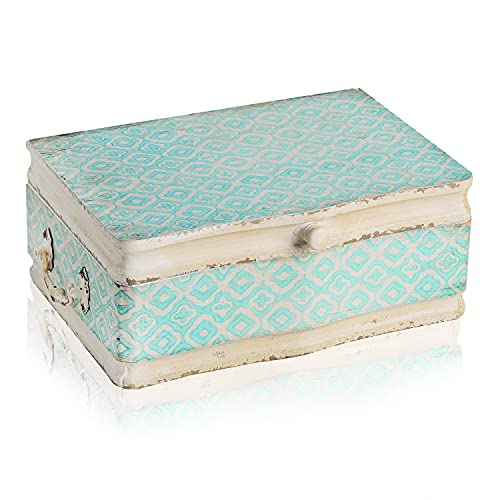 NIKKY HOME Large Wooden Keepsake Box with Hinged Lid, Hand-Painted Vintage Decorative Memory Storage Stash Box Christmas Gift, 13 x 9.1 x 4.9 Inches, Pale Blue and Ivory