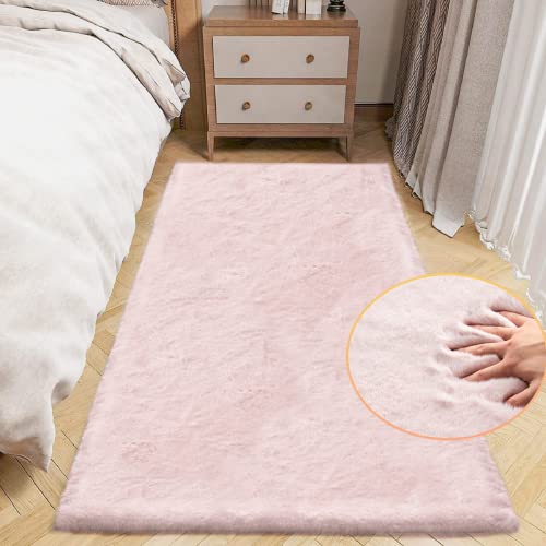 ORINOVA Small Pink Fuzzy Faux Rabbit Shaggy Fur Rug Furry Washable Runner Rug 2x6 Fluffy Rugs for Bedroom Living Room Nursery Rugs Teen Room Décor - color: Pink, size: 2' x 6' (Rectangular)