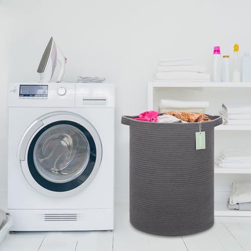 Cotton Rope Blanket Basket, 72L Tall Laundry Hamper, Dark Gray | 16"x 22", Large Collapsible Woven Nursery Hamper with Sturdy Handles for Clothes Toys Towels, Bedroom Living Room Bathroom - color: Dark Gray, size: 72L (16"x22")
