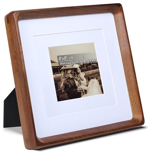 Square 8x8 Picture Frame with Mat for 4x4/6x6, USA-Sourced Natural Walnut Wood Handcrafted Rounded Corner with Real Glass, Vertical or Horizontal Display Photo Gallery Wall & Tabletop Frame - color: Walnut, size: 8x8 Matted to 4x4/6x6