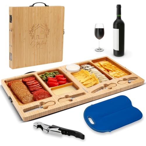 Charcuterie Boards Set, Large Bamboo Cheese Board | Charcuterie Accessories, Wooden Cheese Platter, Foldable, House Warming Gifts, New Home, Wedding Gifts - color: Luxe Set (Blue)