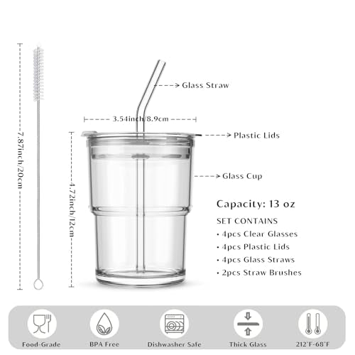INSETLAN 13 oz Portable Glass Tumblers Set of 4, Thick Wall Glass Cups with Lid and Glass Straw, On-the-Go Coffee Cups for Iced Coffee, Tea, Milk, Hot & Cold Drinks, Travel & Daily Use - color: 13 oz - 4 Pcs