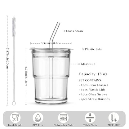 INSETLAN 13 oz Portable Glass Tumblers Set of 4, Thick Wall Glass Cups with Lid and Glass Straw, On-the-Go Coffee Cups for Iced Coffee, Tea, Milk, Hot & Cold Drinks, Travel & Daily Use - color: 13 oz - 4 Pcs