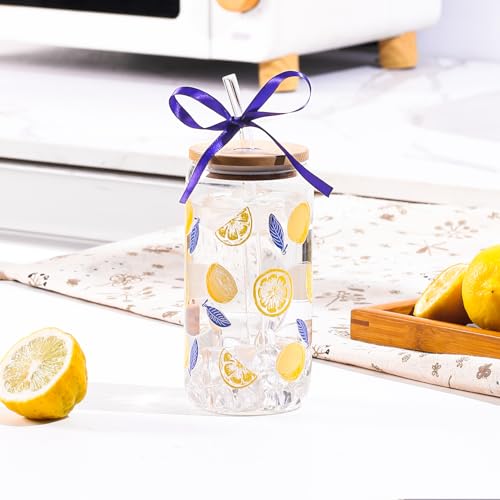 Lemon Glass Cups with Lid and Straw, Cute Lemon Gift for Women | Iced Coffee Tumbler Mug for Birthday Bridal Shower Wedding Summer Party Gift for Women Mom Friends Teen Girls Stuff 16oz - style: Lemon