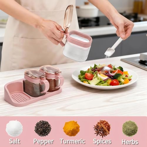 3 PCS Glass Coffee Sugar Container Set, 10oz Pink Spice Jars with Labels, Scoops and Tray, Seasoning Box Salt Containers Condiment Jar Set for Kitchen, Coffee Beans, Sugar, Tea, Candy
