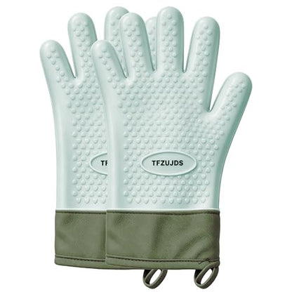 Silicone Oven Gloves with Fingers Heat Resistant 450°F in Kitchen | 1Pair Silicone Oven Mitts, Waterproof, Non-Slip, Extended Cuff Cotton Lined Kitchen Mitts for Baking Cooking Barbecue(Green) - style: green-large