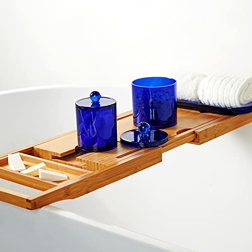 SheeChung 3 PCS Qtip Holder Bathroom Set with Tray, Acrylic Apothecary Jars | Blue Qtip Dispenser with Lid and Labels, Bathroom Qtip Holder Set for Cotton Ball, Cotton Swab 1 Pack Bathroom Vanity Tray - color: Blue