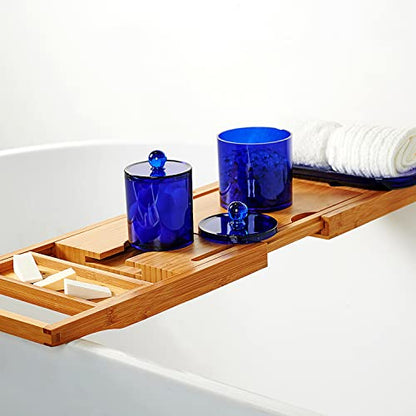 SheeChung 3 PCS Qtip Holder Bathroom Set with Tray, Acrylic Apothecary Jars | Blue Qtip Dispenser with Lid and Labels, Bathroom Qtip Holder Set for Cotton Ball, Cotton Swab 1 Pack Bathroom Vanity Tray - color: Blue