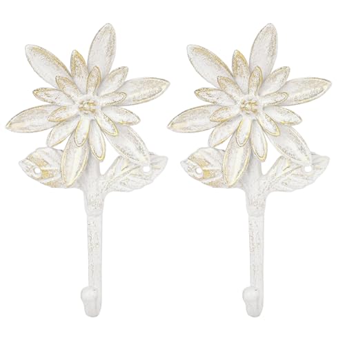 Sungmor 2 Pack Cast Iron Coat Hooks - Flower Shaped& Antique White | Heavy Duty Wall Hook for Coats,Hats,Keys - Hanger for Entryway,Bathroom and Bedroom - color: Antique White