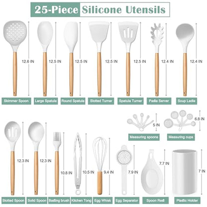 E-far White Cooking Utensils Set with Holder, 25-Piece Silicone Kitchen Utensil Set with Wooden Handle for Nonstick Cookware, 446°F Heat Resistant Kitchen Tool Spatula Tongs Whisk, Non-toxic & Healthy - color: White, size: 25