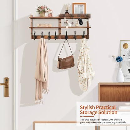 29" Coat Rack Wall Mount with Shelf, Pine Two-Tier Wall Shelf Mounted Coat and Key Hanger with 7 Heavy Duty Hooks 4 Key Hooks, Entryway Key Holder with Mail Holder for Bedroom,Living Room (Brown) - color: Brown Pine