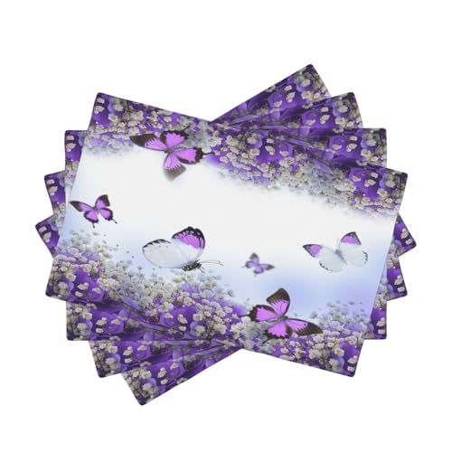 Purple Butterfly Flowers Placemats Set of 4,Spring Summer Flower Place Mats Washable for Kitchen Dining Table Heat Resistant Decorative Colth Table Mats 4 PCS, Style-1 - color: Style-1, size: 12"X18"|4 PCS