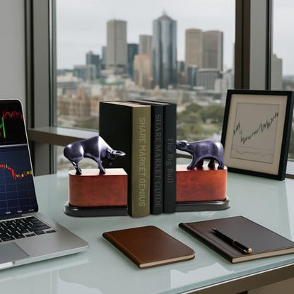 Bey-Berk Bull & Bear Bookends, Black – Bronzed Cast Metal with Burl Wood Base, Heavy-Duty Office, Desk & Bookshelf Stand