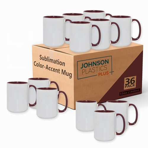 JPPlus 15oz Sublimation Mugs with Colored Handles & Interiors | Tazas para Sublimar, Bulk Mugs for Custom Designs & Branding | White Mugs Set of 12 or Case of 36- Maroon (36) - color: Maroon