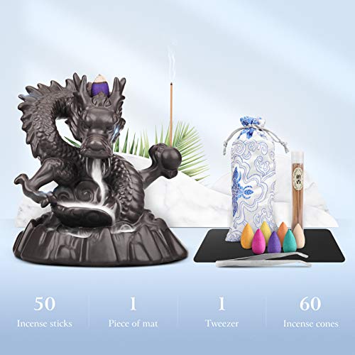 Ceramic Dragon Backflow Incense Holder Waterfall Incense Burner, Smoke Incense Holder, with 70 Backflow Incense Cones + 50 Incense Stick, 1 Mat, 1 Tweezers Home Decor (Brown-Dragon) - color: Brown-dragon