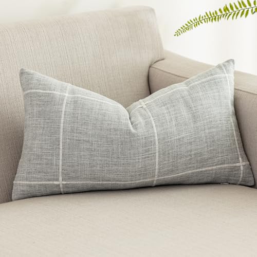 vctops Rustic Lattice Cotton Linen Decorative Throw Pillow Cover Embroidery Lumbar Cushion Cover Pillowcase for Sofa Bedroom Couch (Plaid Grey, 12"x20") - color: Plaid Grey, size: 12" x 20" (Pack of 1)