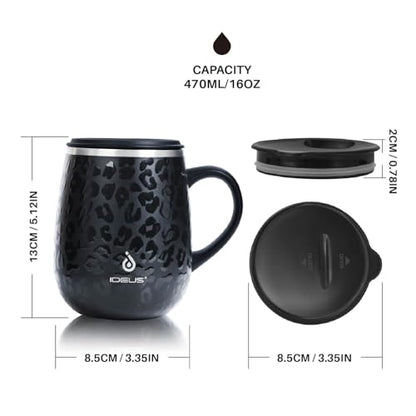 Ideus 16 oz Insulated Coffee Mug with Handle and Lid, Double Wall Stainless Steel Vacuum Thermal Coffee Mug, Travel Coffee Cup Thermal Cup for Home and Office (Leopard Black, FUJI DAWN) - color: Leopard Black