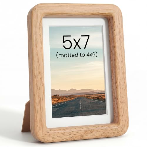 Acovy 5x7in Picture Frame, Natural Solid Oak | Handcrafted Wooden Photo Frame, Dual Use for Tabletop & Wall Mount, Matted to Fit 4"x6" Photos, HD Tempered Glass - color: Oak, size: 5x7in