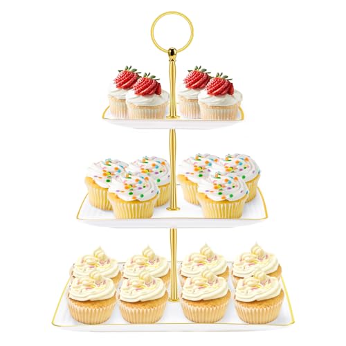 Hoedia 3 Tier Cupcake Stand Tower, Plastic Cup Cake Holder(Square) | Tiered Serving Tray Dessert Stand Cupcake Tower for Tea Party, Birthday Party, Wedding Decor and Baby Shower
