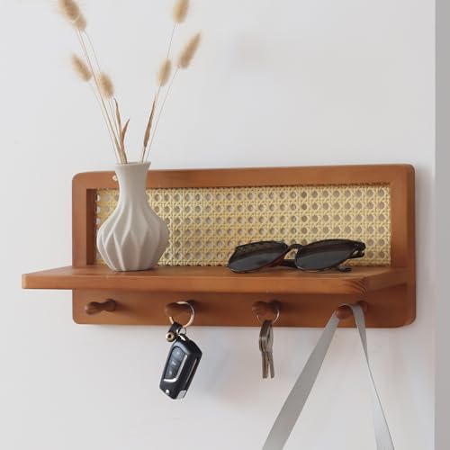PE Rattan Coat Rack Shelf Wall Mounted with 4 Hooks, Decorative Coat Hook Rack with Floating Shelf for Entryway, Nursery, Mudroom, Hallway, Kitchen, Office (Retro Brown) - color: Retro Brown