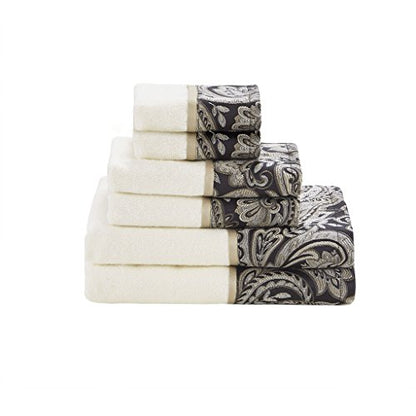 Madison Park Aubrey Cotton Bath Towel Set Jacquard, 6 Piece, Black | Quick Dry, Plush Feel, Hotel Quality for Bathroom, Paisley Pattern, Absorbent, OEKO-TEX Certified