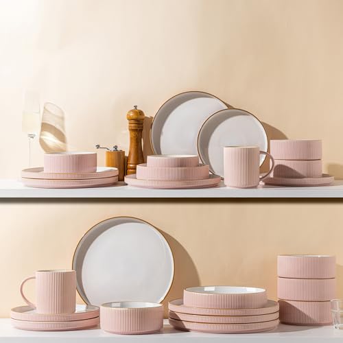 GBHOME Stoneware Dinnerware Sets for 4, 12 Pieces Plates and Bowls Set | Lightweight Ceramic Ribbed Dishes, Reactive Glaze Stackable Plate Set, Scratch Resistant, Microwave & Dishwasher Safe, Pink - color: Pink