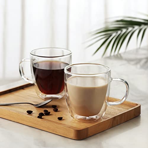 CNGLASS Double Wall Glass Coffee Mugs 12 oz,Insulated Glass Coffee Cups with Handle,Clear Espresso Mugs for Cappuccino,Latte,Tea Bags,Hot and Cold Beverages,Set of 2 - size: 12oz