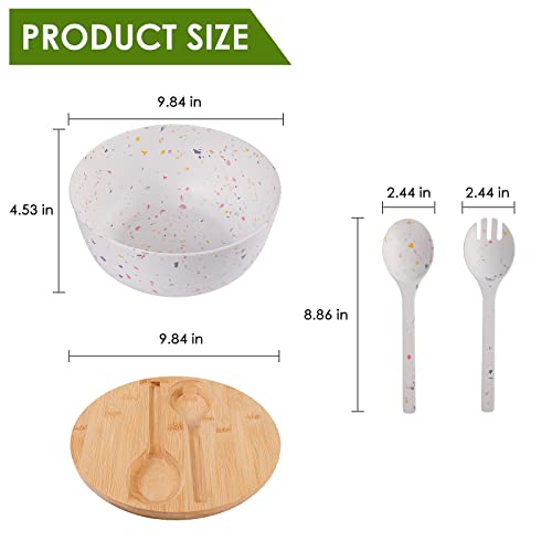 ECOWAY Melamine Salad Bowl with Bamboo Lid & Servers, Bamboo Fiber Salad Serving Bowl 4Qt, Salad Mixing Utensils with Tongs Spoon for Salad, Fruit, Soup, Vegetables, Pasta, Dessert Bowls, 9.84 Inches - color: Marbling with lid