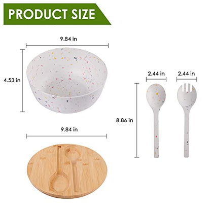 ECOWAY Melamine Salad Bowl with Bamboo Lid & Servers, Bamboo Fiber Salad Serving Bowl 4Qt, Salad Mixing Utensils with Tongs Spoon for Salad, Fruit, Soup, Vegetables, Pasta, Dessert Bowls, 9.84 Inches - color: Marbling with lid