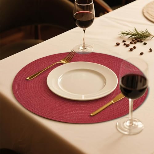 FunWheat Round Braided Placemats Set of 6 Place mats for Dining Tables Woven Heat Resistant Table Mats 15 inch (Wine) - color: Solid Wine, size: 6pcs