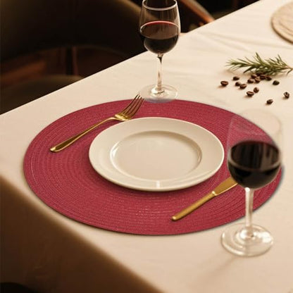 FunWheat Round Braided Placemats Set of 6 Place mats for Dining Tables Woven Heat Resistant Table Mats 15 inch (Wine) - color: Solid Wine, size: 6pcs