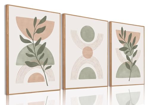 Boho Green Botanical Framed Canvas Wall Art Set of 3, 16x24 inch | Mid Century Abstract Wall Decor, Green Botanical Geometric Prints, Bedroom Living Room Bathroom Art - color: Boho Green, size: 16"x24"Natural