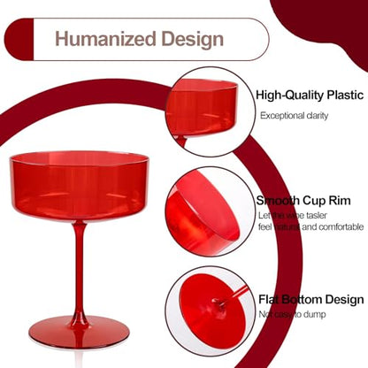 Ciaell 12 Pack Red Plastic Martini Glasses for Bars Parties | 10 oz Red Coupe Cocktail Cups, Heavy Duty Plastic, Cocktails Whiskey Margaritas Wine for Weddings Anniversaries Outdoor - color: Basic Red