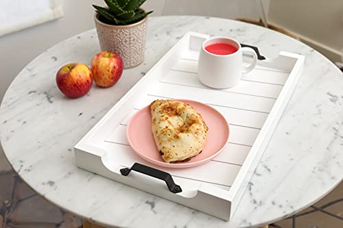 Bamboo Land- Large Wooden Serving Tray with Handle, 20” X 12’’, White, Wooden Tray with Handles, Serving Tray with Handles - color: White