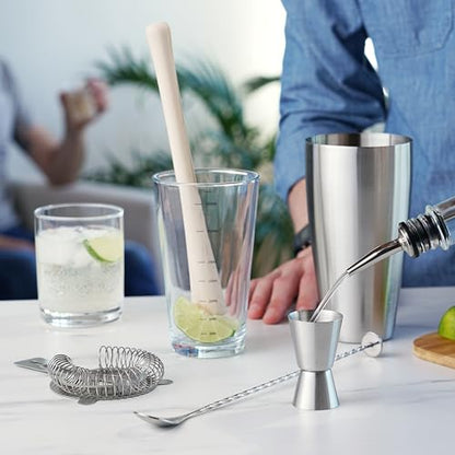 True 7-Piece Barware Set for Mixed Drinks and Cold Brew Cocktails, Includes Boston Cocktail Shaker Tin, Mixing Glass, Jigger, Muddler, Strainer, Bar Spoon, Pour Spout for Home Bar, Bartender Gifts - size: 7 Piece