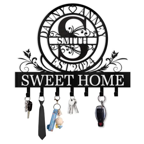 Personalized Key Holder for Wall - Custom Family Name Key Holder Wall Mount, Metal Key Hooks Organizer Rack, Key Hanger for Doorway, Hallway, Bedroom, Living Room, Wedding Couple Gifts - color: 10 Monogram