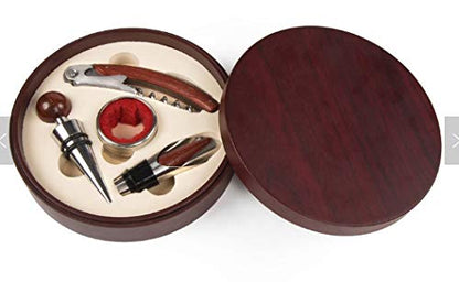Premium Wine Tool Set with Stainless Steel Bottle Opener, Corkscrew, and Accessories in Elegant Circular Wood Case