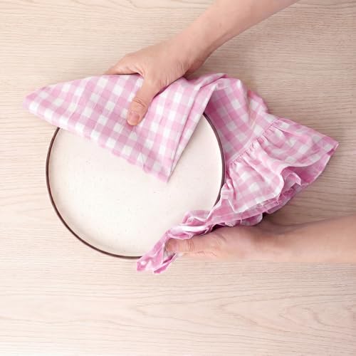 HunnmingRe Hot Pink Kitchen Towels Set of 2, 100% Cotton Ruffled Gingham Dish Towels 18"x28" Absorbent Tea Cloths Classic Plaid Pattern for Farmhouse Charm, Drying Dishes, Entertaining Guests - color: Hot Pink, style: Gingham