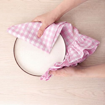 HunnmingRe Hot Pink Kitchen Towels Set of 2, 100% Cotton Ruffled Gingham Dish Towels 18"x28" Absorbent Tea Cloths Classic Plaid Pattern for Farmhouse Charm, Drying Dishes, Entertaining Guests - color: Hot Pink, style: Gingham
