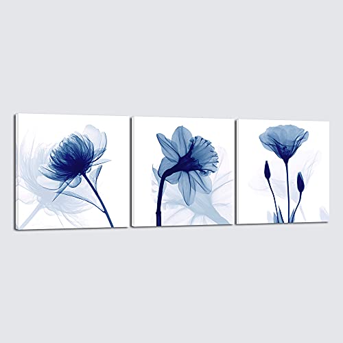 Wieco Art Blue Flowers 3 Panels Canvas Print Wall Art Modern Pictures Artwork for Living Room Bedroom and Home Decorations - size: 24x24inchx3pcs (Unframed)