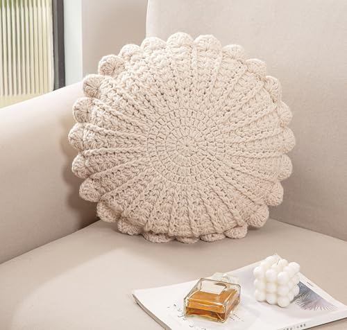 Knitted Throw Pillow Round Couch Pillow (Beige, 18inch) | Include Insert Handmade Decorative Plush Pillow Cute Cushion - color: Beige